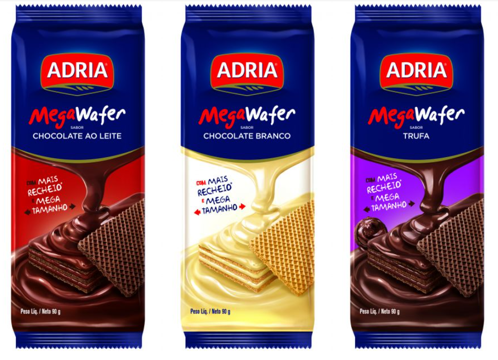 Adria apresenta Mega Wafer nos sabores chocolate, chocolate branco e trufa